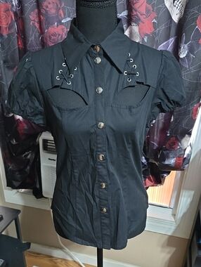 Killstar Black Lace-Up Puff Sleeve Button Front Blouse
